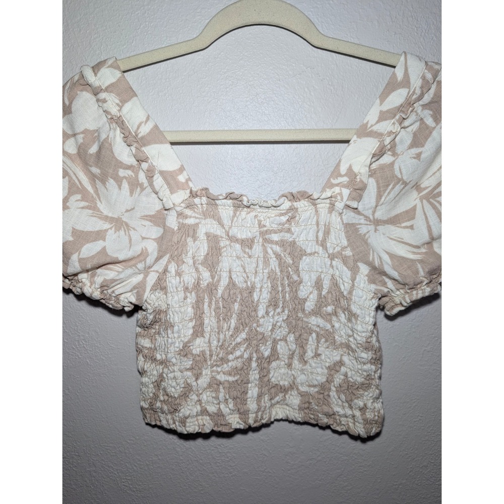 Monteau Los Angeles Crop Top Small Tan Tropical Smocked Puff Sleeve Rayon/Linen